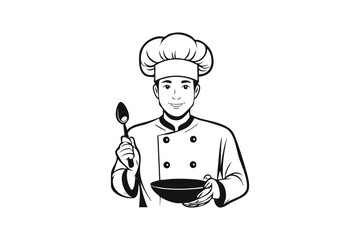 Professional Male Chef Holding Spoon and Bowl Line Art Culinary Expert Illustration