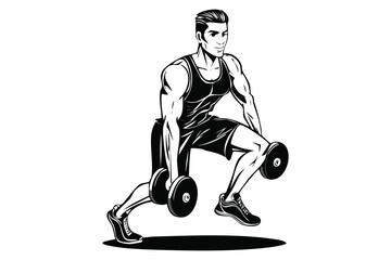 Strong Male Bodybuilder Doing Lunges with Dumbbells Intense Workout Line Art