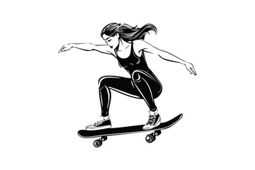 Stylish Silhouette of Young Woman Skateboarding in Leggings with Dynamic Pose