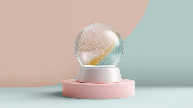 Minimalist snow globe with falling glitter and a subtle golden arch on a pink and teal pastel background, representing calm, modern design and gentle celebration