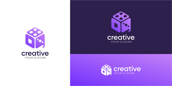 Hobbies and Talk logo design ideas. Vector of bubble speech with cube dice icons symbol. Media tech for talk, chat, and consult forum communications. 