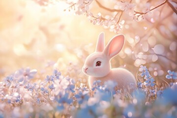 Cute Cartoon Bunny in Blurred Colorful Background, Ai Generated