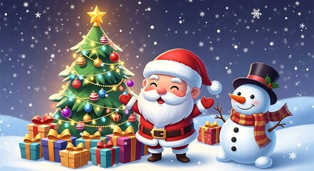 A christmas scene with santa claus, a christmas tree, a snowman, and several wrapped gifts in the snow