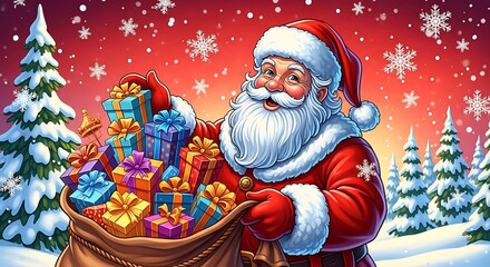Santa claus with a bag full of colorful gifts in a snowy winter wonderland christmas illustration