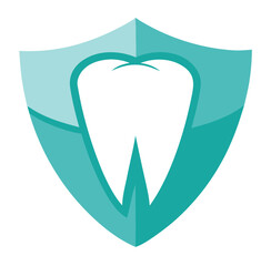 Dental protection shield icon with tooth and abstract blue background