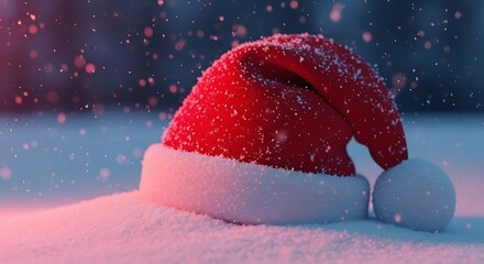 A santa hat covered in snow sitting on a snow covered surface with snowflakes falling around it softly