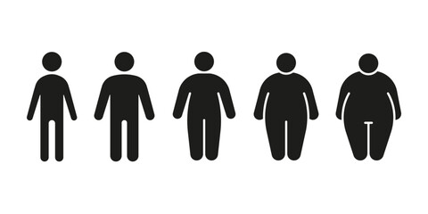 Type body of people thin, normal and obese fat black icon set. Figure and size person, body index mass. Vector illustration