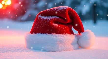 A santa hat resting on snow covered ground with blurred lights and falling snow in the background