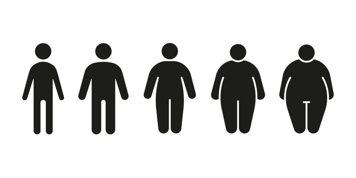 Type body of people thin, normal and obese fat black icon set. Figure and size person, body index mass. Vector illustration