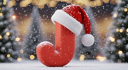 A red letter j wearing a santa hat in a snowy scene with christmas trees and bokeh lights behind it