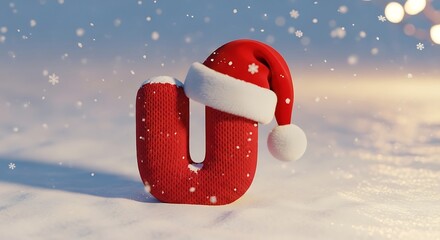 A red knitted letter u with a santa hat on top sitting in the snow while it is snowing outside