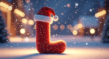 Red letter l wearing santa hat in snowy winter scene with bokeh lights and falling snowflakes around it