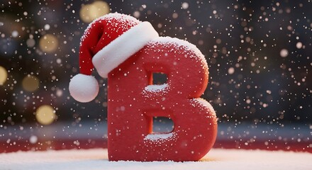 A red letter b wearing a santa hat in the snow with bokeh lights in the background during winter time