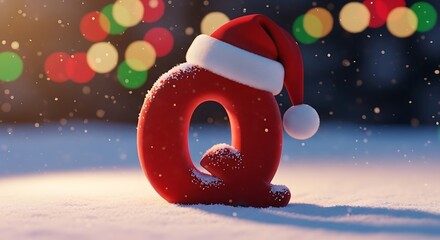 A red letter q wearing a santa hat sitting in snow with bokeh lights in the background during winter