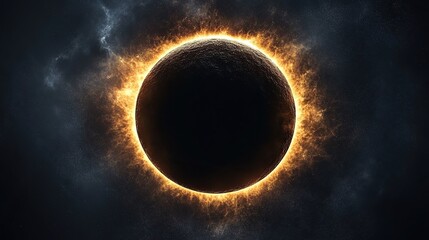 Obraz premium Fiery Halo Surrounds Dark Celestial Body in Dramatic Cosmic Event