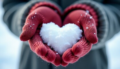 Hands in red gloves holding a pure white snow heart, symbolizing winter love
