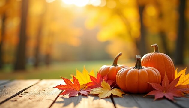 A warm, vibrant autumn scene. Three bright orange pumpkins and colorful maple leaves rest on rustic wooden planks. The background features a beautifully blurred golden forest