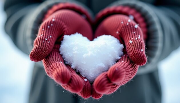 Hands in red gloves holding a pure white snow heart, symbolizing winter love - Powered by Adobe