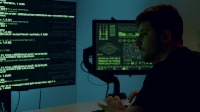 Male hacker intensely focused on dual monitors displaying code, as he prepares to execute a cyber attack, with a gradual zoom in capturing the tension of the moment