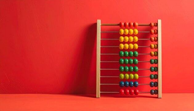 Colorful wooden abacus with grouped beads on red background. - Powered by Adobe