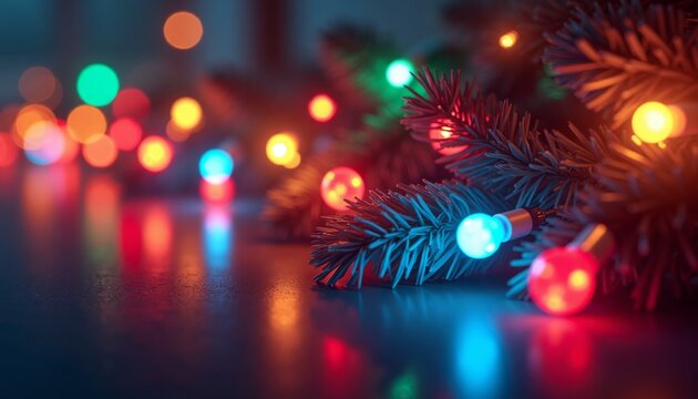 Vibrant Christmas lights and bokeh reflecting on a dark surface with pine branches - Powered by Adobe