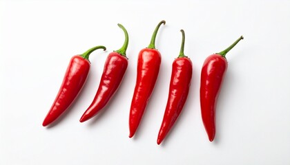 Five red chili peppers with green stems arranged on white background.