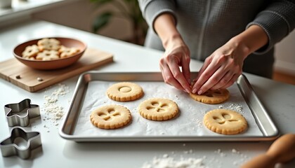 Hands decorating unbaked holiday cookies on a baking sheet in a bright kitchen