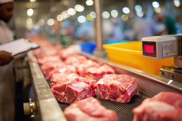 Fresh pork meat on conveyor belt in processing facility
