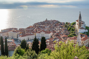 Historic coastal town of Piran on Adriatic peninsula, Slovenia