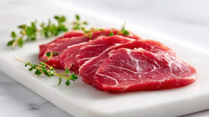 Fototapeta premium Raw beef slices arranged on a white marble board