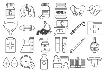 Hoja de iconos médicos y de nutrición, órganos humanos y suministros de salud
