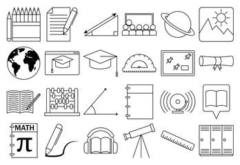 Hoja de iconos de asignaturas escolares, ciencia y aprendizaje a distancia