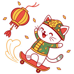 SVG art: A Funny American Shorthair in a Lunar New Year / Chinese New Year vibe with riding a skateboard, tinted with Year of the Dragon (or relevant animal) tones