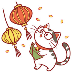 Delightful Curious American Shorthair in a Lunar New Year / Chinese New Year scene with wearing glasses – Year of the Dragon (or relevant animal) vector illustration