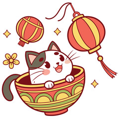 Cute SVG of a Mischievous American Shorthair in Year of the Dragon (or relevant animal) colors, featuring in a teacup in a Lunar New Year / Chinese New Year setting