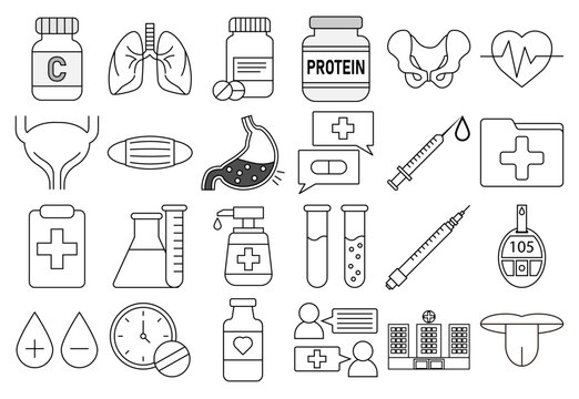 Hoja de iconos m&eacute;dicos y de nutrici&oacute;n, &oacute;rganos humanos y suministros de salud