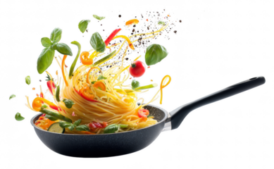 Italian spaghetti and colorful vegetables in mid-air above hot skillet, isolated on transparent background, culinary art concept, dynamic lighting