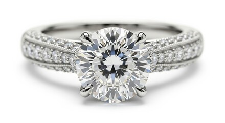 Elegant diamond engagement ring with white gold band on white background  