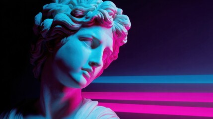 Marble bust glowing in futuristic neon light