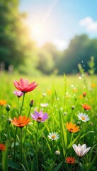 Fototapeta premium Sun-drenched meadow, vibrant wildflowers in full bloom, gently swaying in a summer breeze Lush green grass stretches to the horizon, creating a tranquil and idyllic landscape , meadow, nature