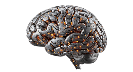 Mechanical Brain, metallic with glowing orange circuits and spinal cord, isolated on white or transparent background. PNG