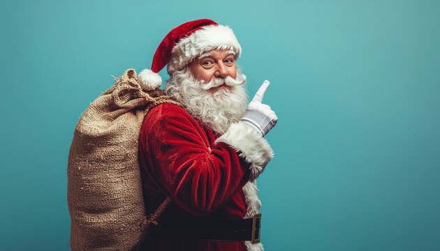 Święty Mikołaj z workiem na plecach na turkusowym tle