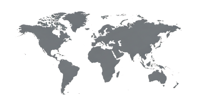 World Map, gray with white outline, isolated on white or transparent background. PNG