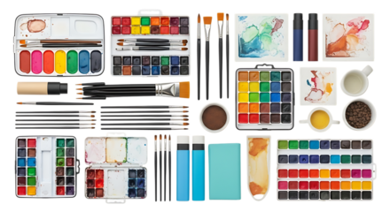 Art Supplies, assortment of watercolor paints brushes and accessories, isolated on white or transparent background. PNG