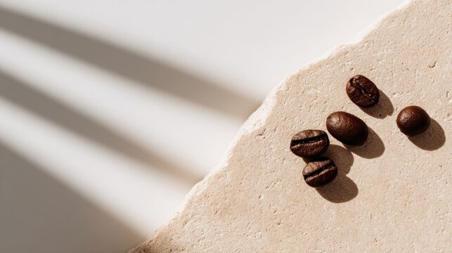 Coffee beans arranged artistically on a textured surface, casting soft shadows, creating a warm ambiance, perfect for coffee lovers and culinary enthusiasts with copy space
