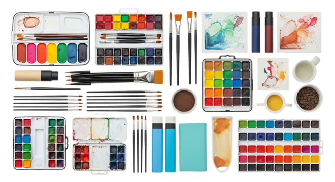Art Supplies, assortment of watercolor paints brushes and accessories, isolated on white or transparent background. PNG