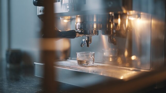 Espresso machine with metallic tools, showcasing a glass cup under the spout, capturing the art of coffee brewing in a modern kitchen environment with copy space - Powered by Adobe