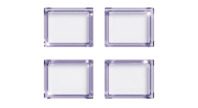 Square Frames, four translucent purple bordered with white interiors, isolated on white or transparent background. PNG