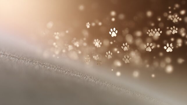 Floating pet paw prints create a whimsical atmosphere with soft bokeh effects, ideal for pet brand marketing and promotional materials with copy space