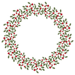 Festive Christmas or winter wreath with red berries and green leaves on a white isolated background. Simple border for greeting cards